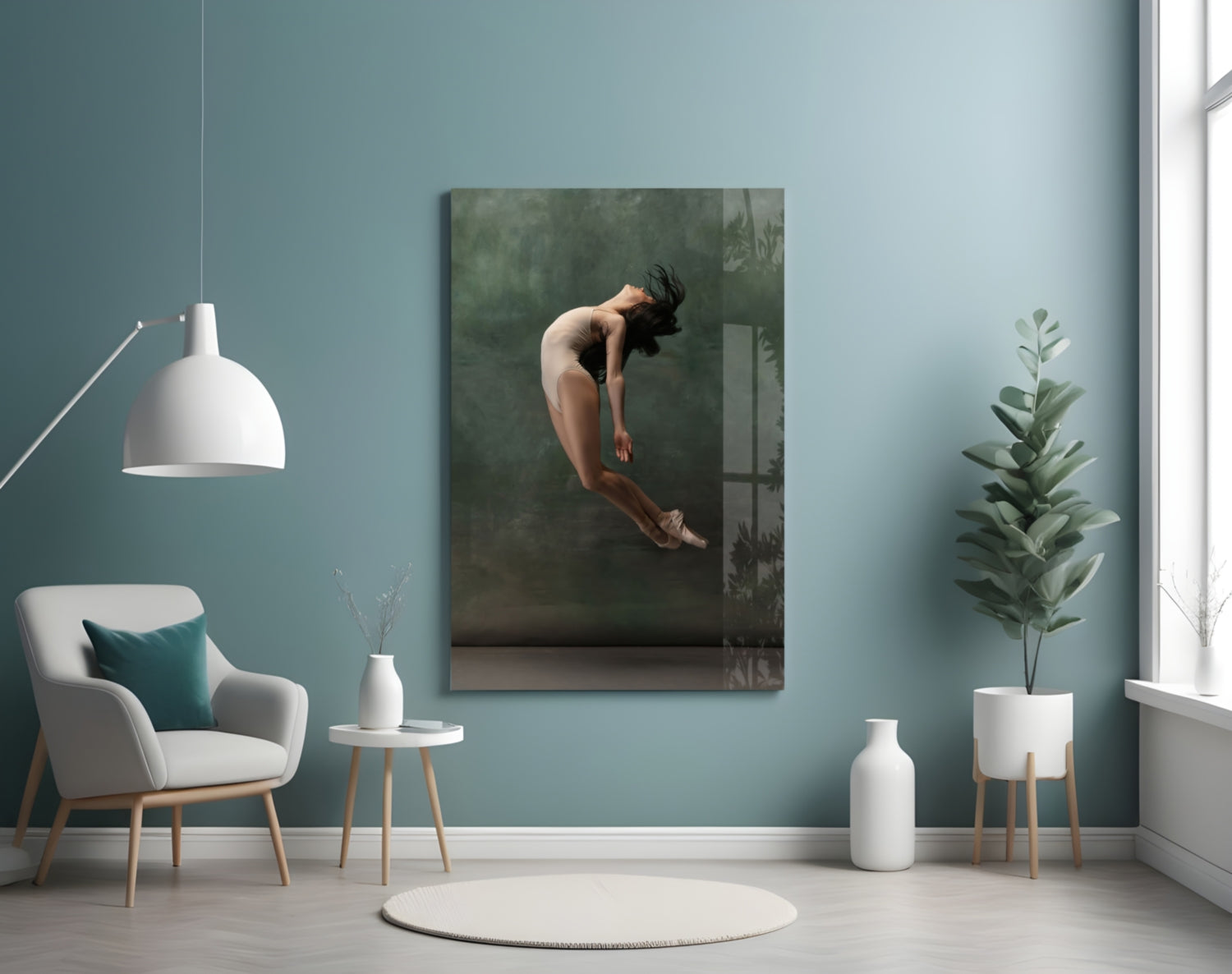 Curled Midair Leap Ballerina Glass Wall Art