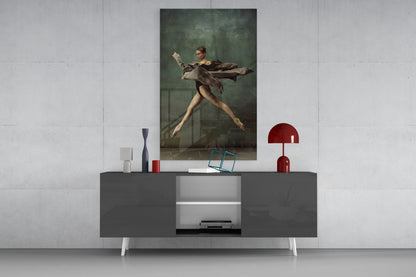 Leaping Ballerina Brown Drape Glass Wall Art