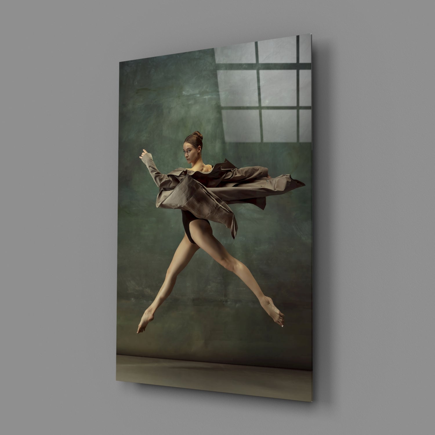 Leaping Ballerina Brown Drape Glass Wall Art