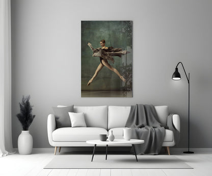 Leaping Ballerina Brown Drape Glass Wall Art