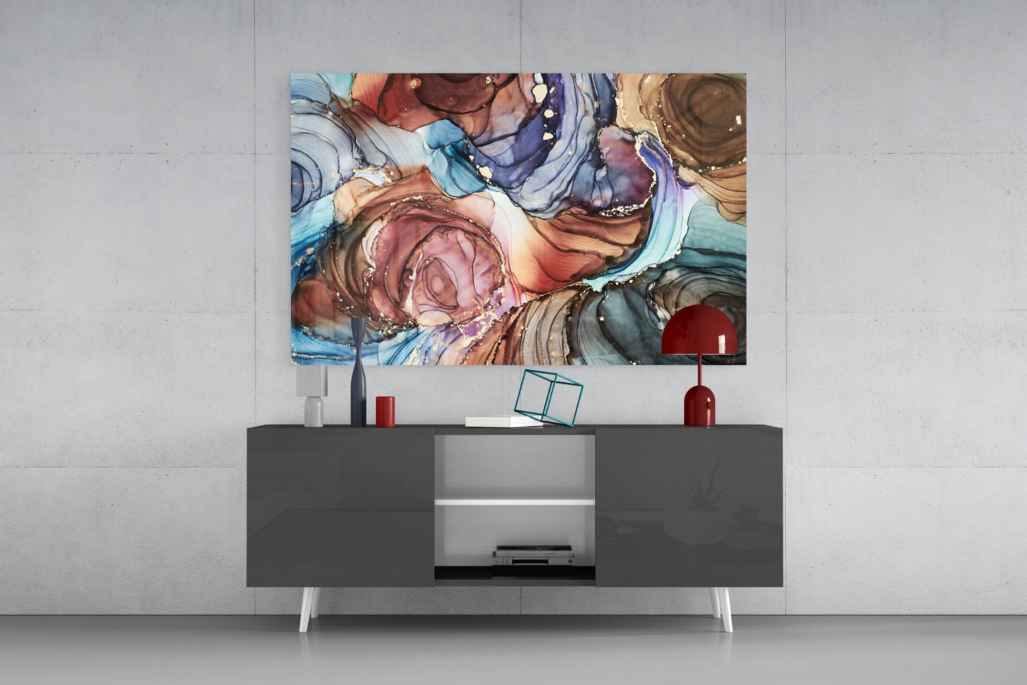 Swirled Copper And Blue Ink Marble Glass Wall Art