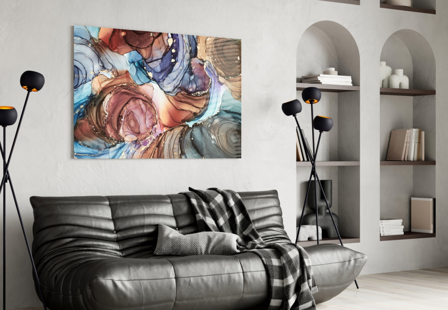 Swirled Copper And Blue Ink Marble Glass Wall Art