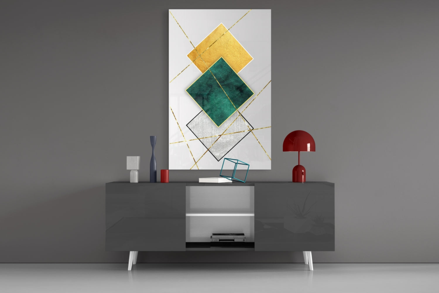 Gold and Emerald Diamond Geometry Glass Wall Art