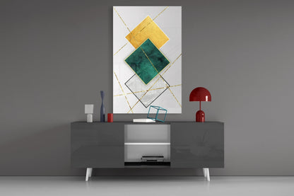Gold and Emerald Diamond Geometry Glass Wall Art