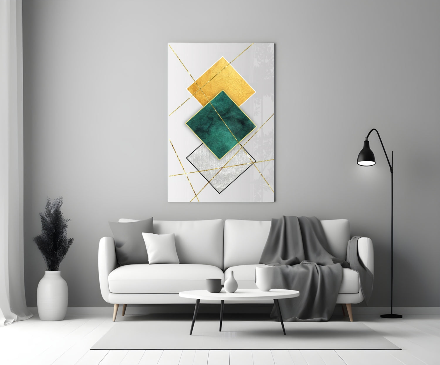 Gold and Emerald Diamond Geometry Glass Wall Art