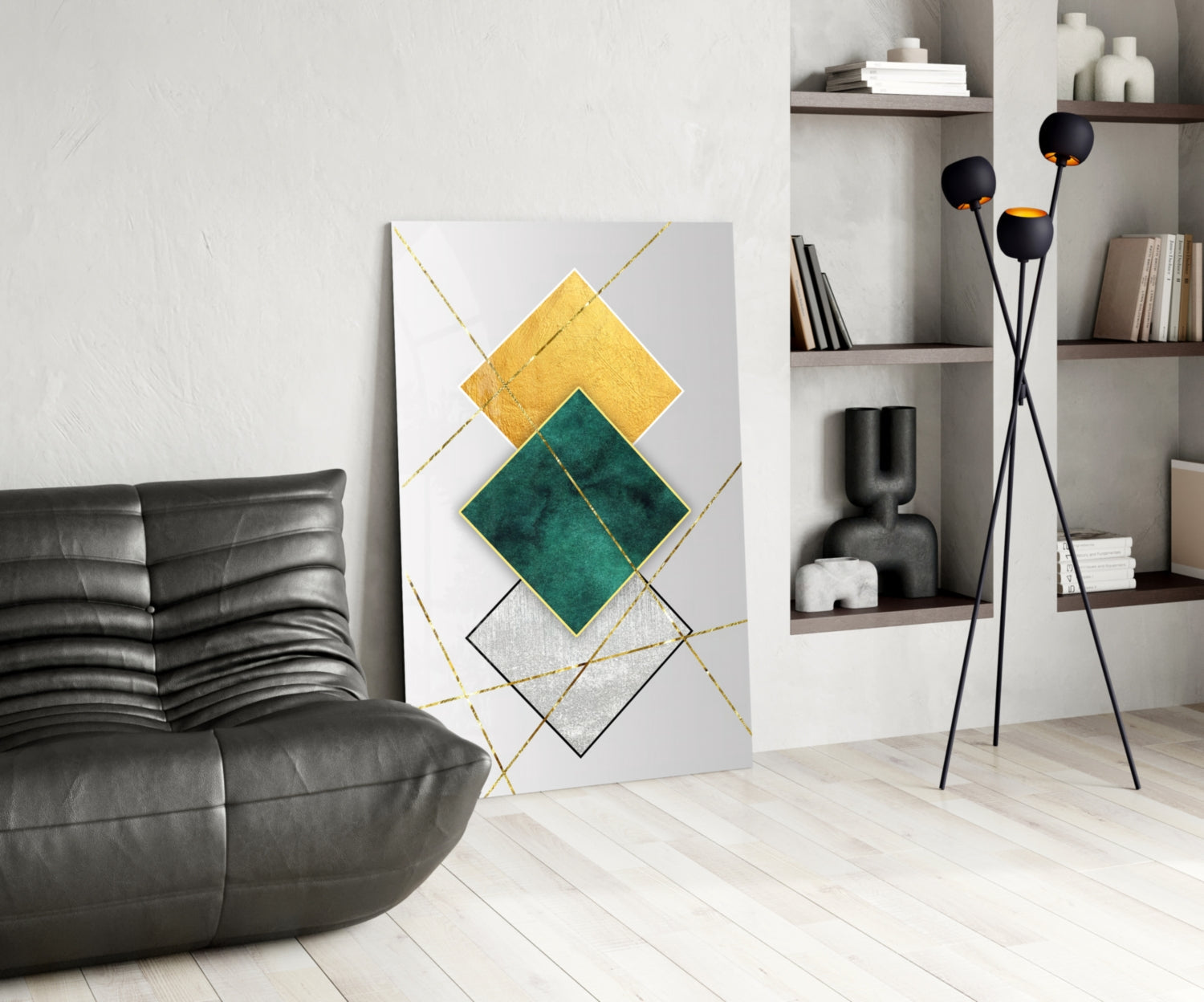 Gold and Emerald Diamond Geometry Glass Wall Art