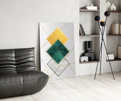 Gold and Emerald Diamond Geometry Glass Wall Art