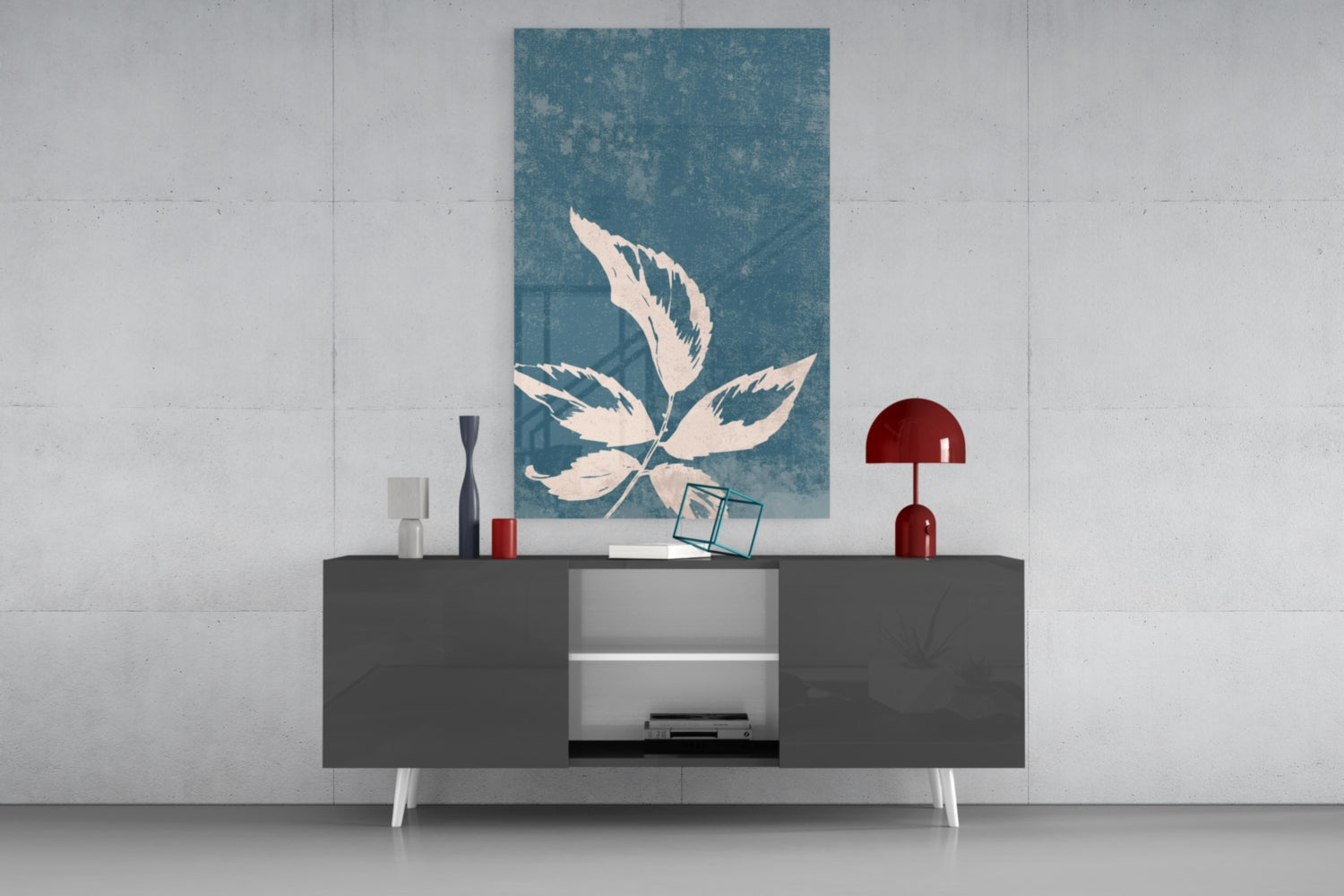 Blue Cyanotype Leaf Silhouette Glass Wall Art