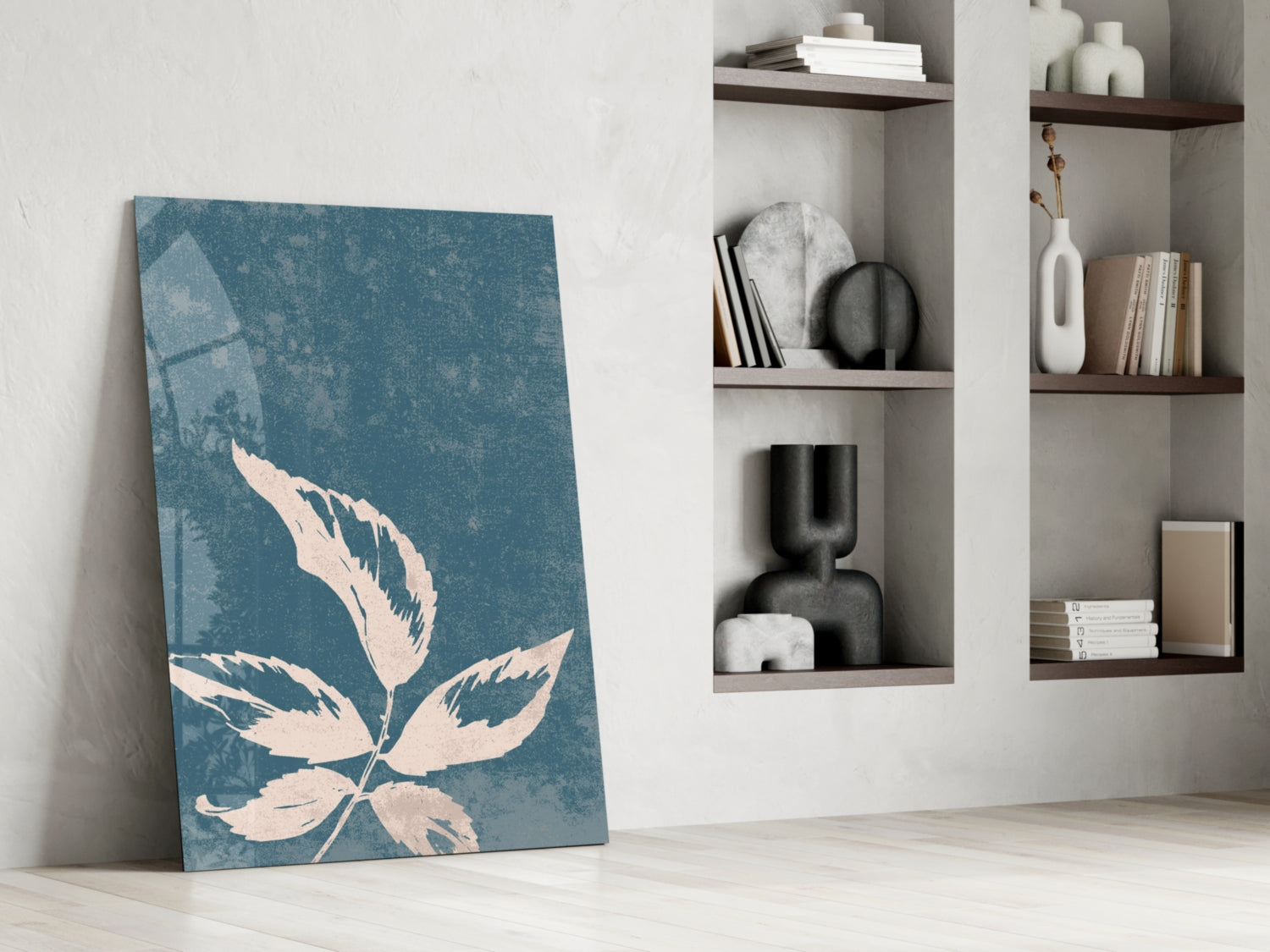 Blue Cyanotype Leaf Silhouette Glass Wall Art
