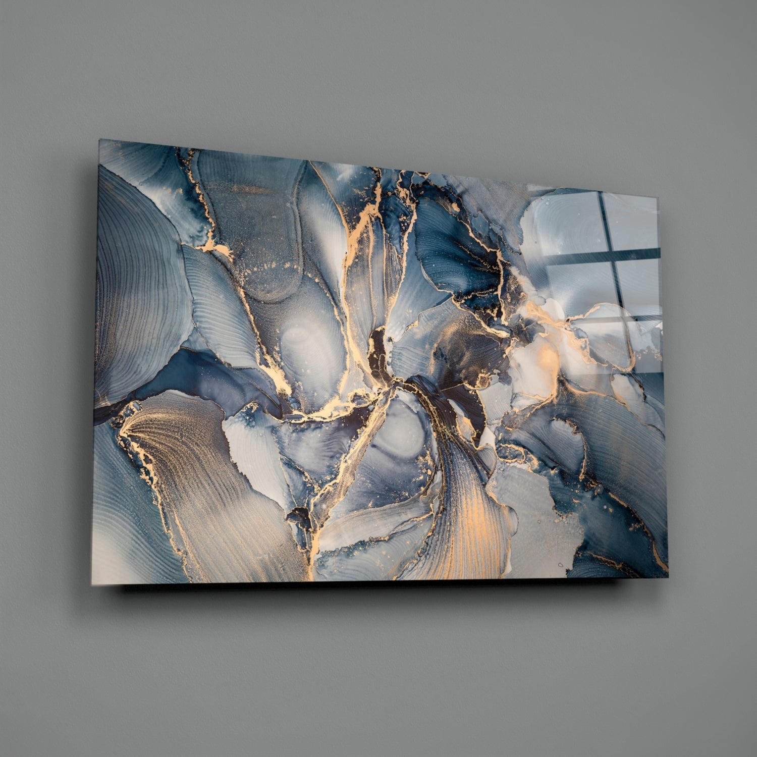 Navy Blue And Gold Veined Marble Glass Wall Art