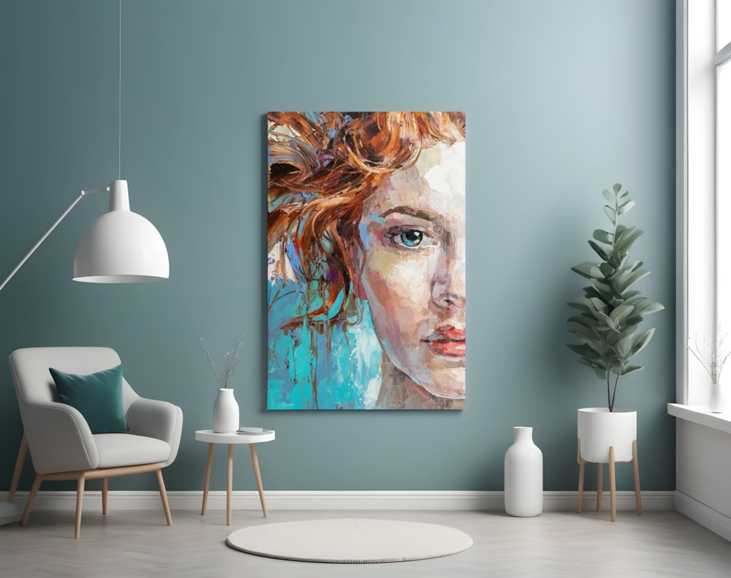 Turquoise Palette Knife Woman Portrait Glass Wall Art
