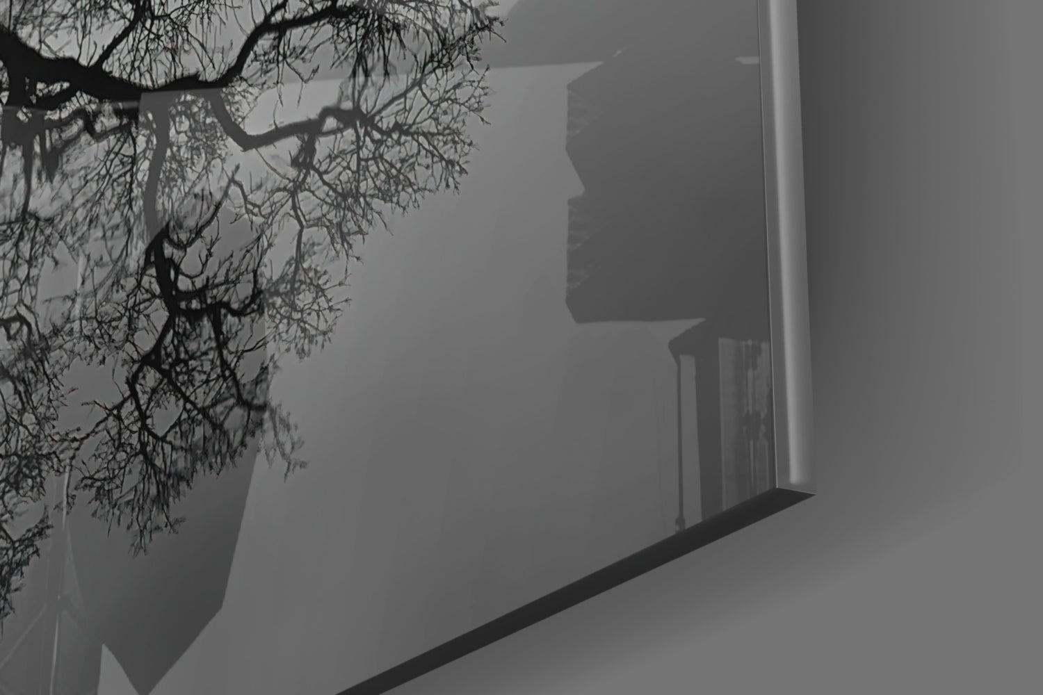 Bare Tree Lake Reflection Black White Glass Wall Art