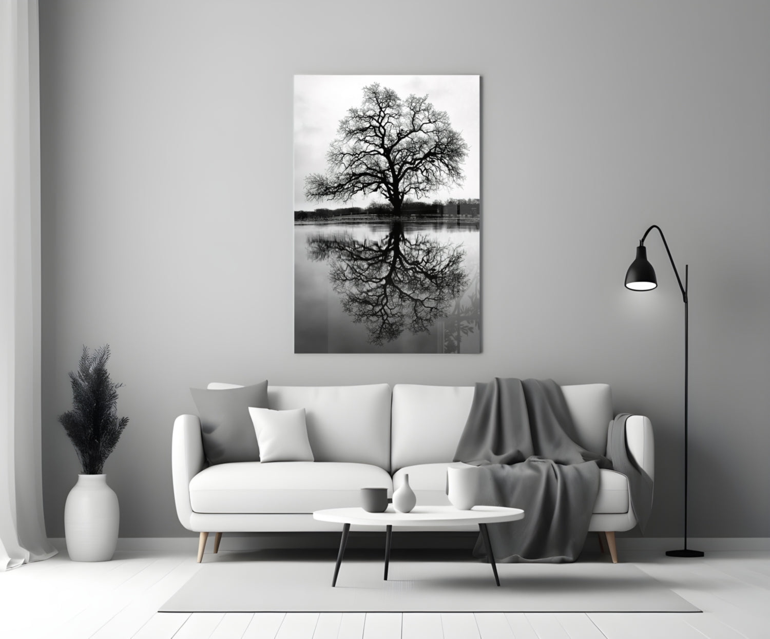 Bare Tree Lake Reflection Black White Glass Wall Art
