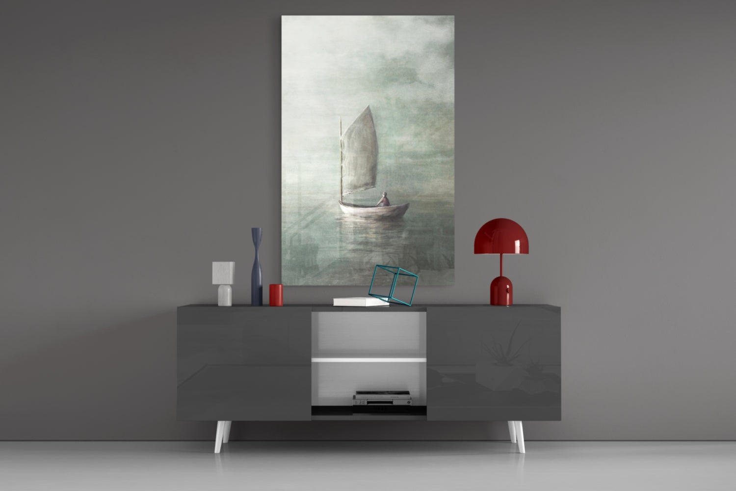 Misty Sage Sailboat At Dawn Glass Wall Art
