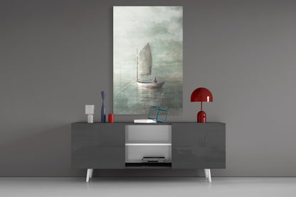 Misty Sage Sailboat At Dawn Glass Wall Art