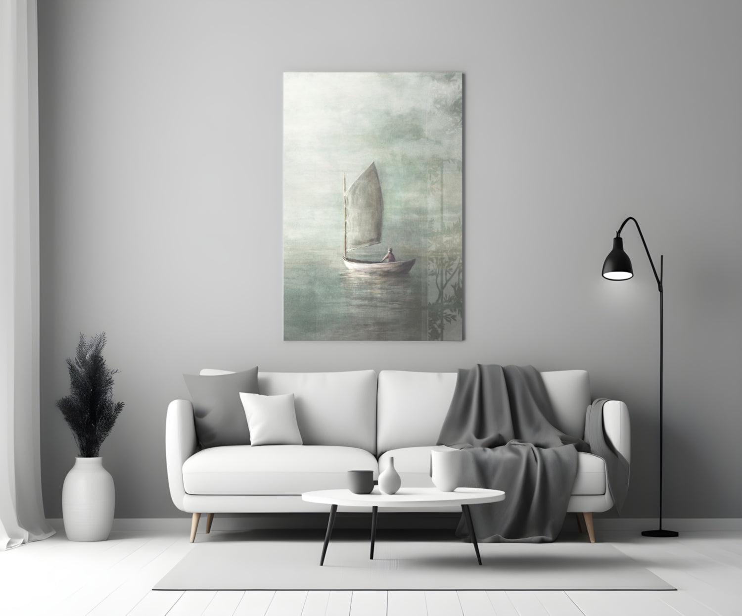 Misty Sage Sailboat At Dawn Glass Wall Art