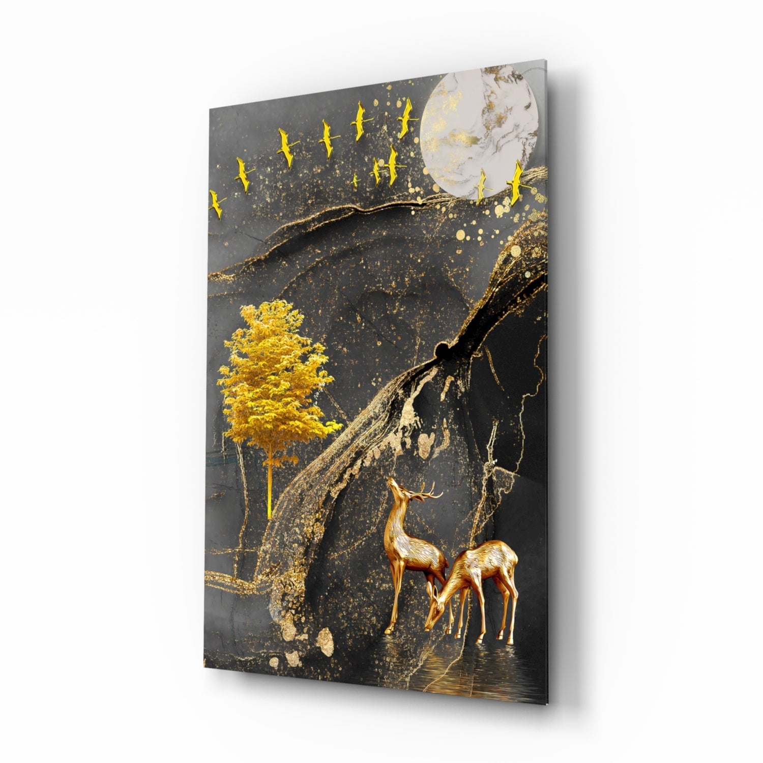 Golden Tree and Gazelles Glass Wall Art