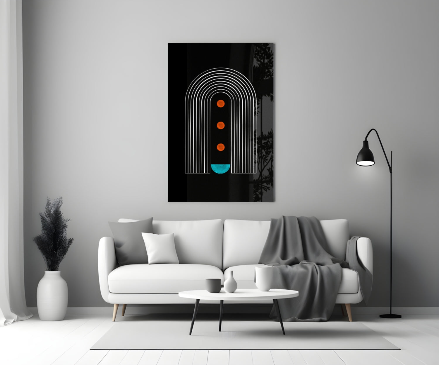 White Arch Lines Orange Dots Teal Glass Wall Art