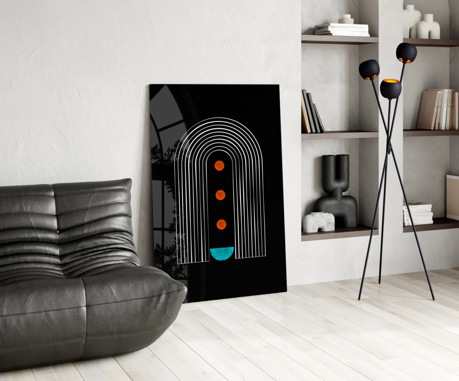 White Arch Lines Orange Dots Teal Glass Wall Art