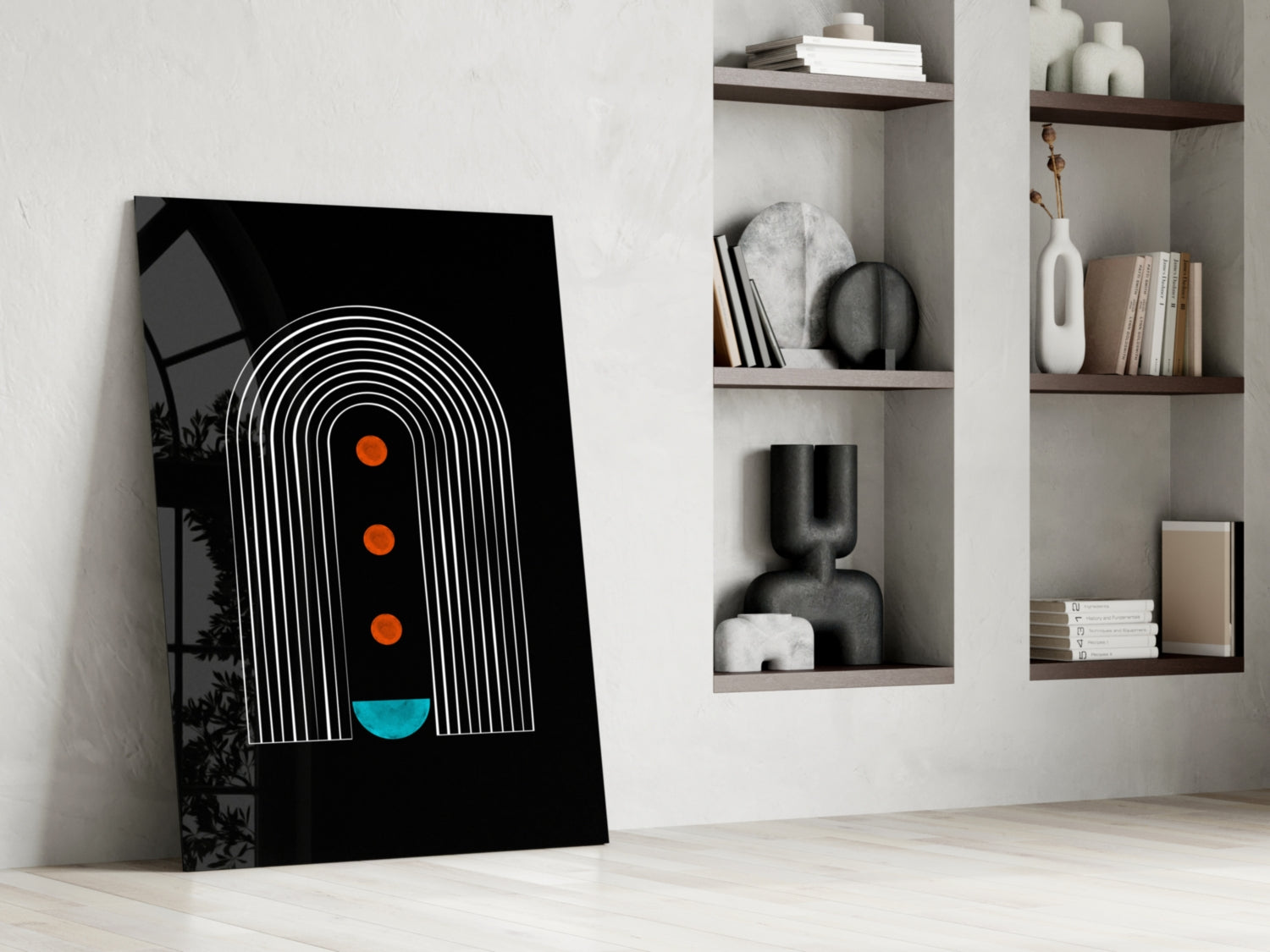 White Arch Lines Orange Dots Teal Glass Wall Art