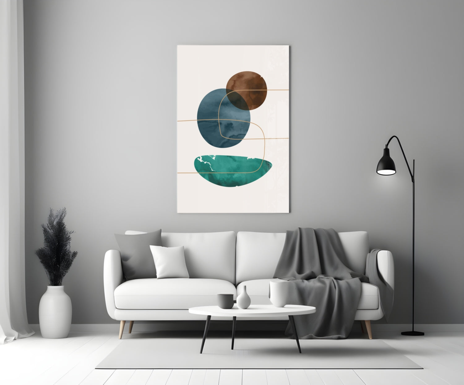 Teal Bowl And Navy Circle Shapes Glass Wall Art