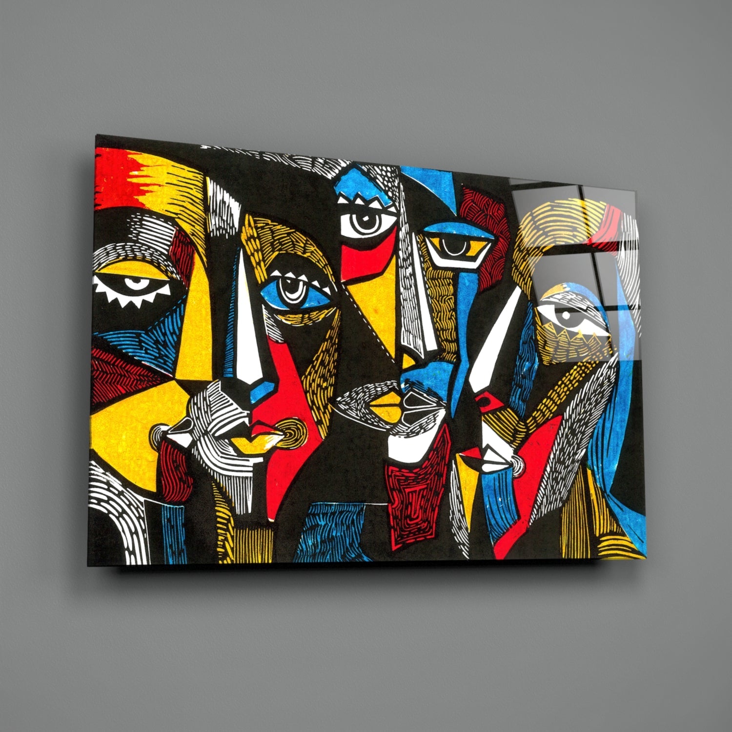 Cubist Faces Red Blue Yellow on Black Glass Wall Art