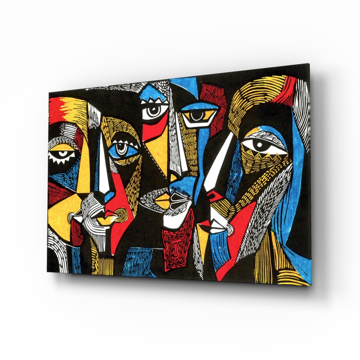 Cubist Faces Red Blue Yellow on Black Glass Wall Art