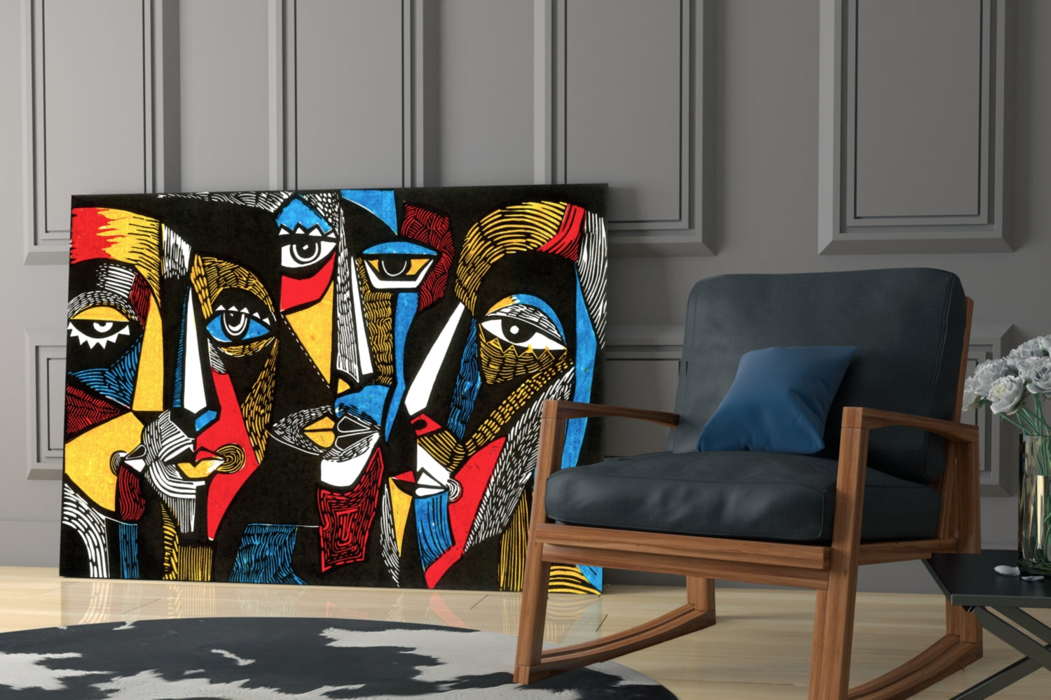 Cubist Faces Red Blue Yellow on Black Glass Wall Art