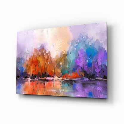 Colorful Autumn Forest Lake Glass Wall Art