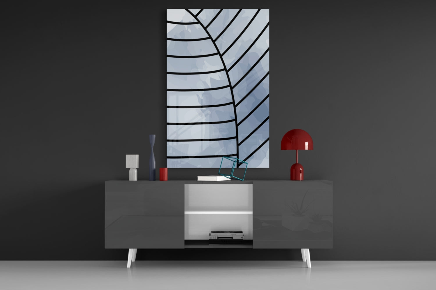 Gray Blue Minimalist Leaf Vein Lines Glass Wall Art