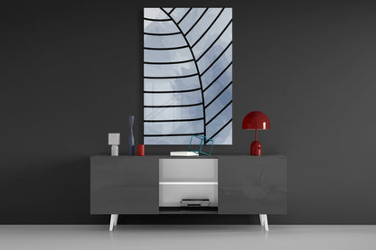 Gray Blue Minimalist Leaf Vein Lines Glass Wall Art