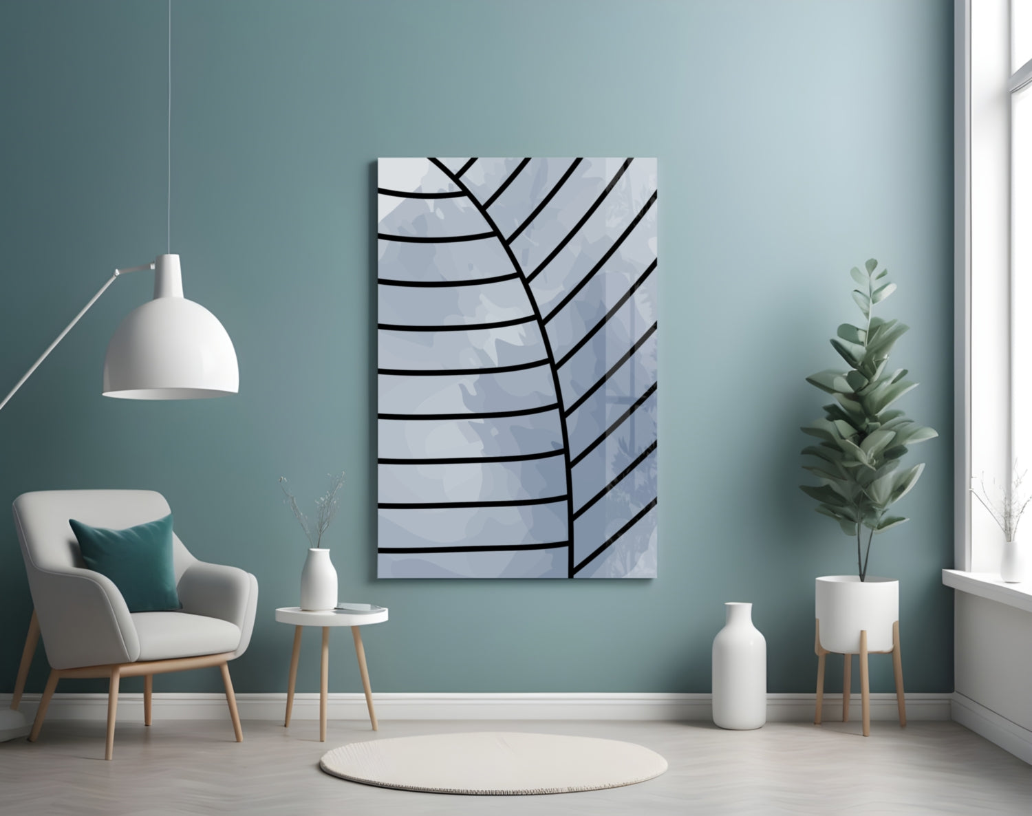 Gray Blue Minimalist Leaf Vein Lines Glass Wall Art