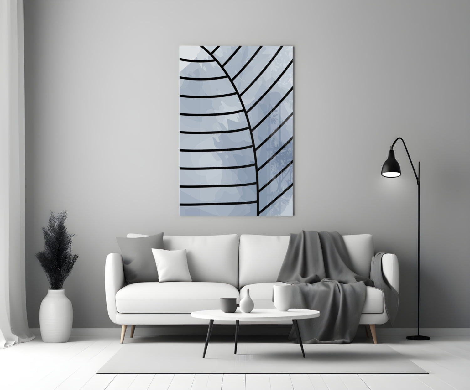 Gray Blue Minimalist Leaf Vein Lines Glass Wall Art