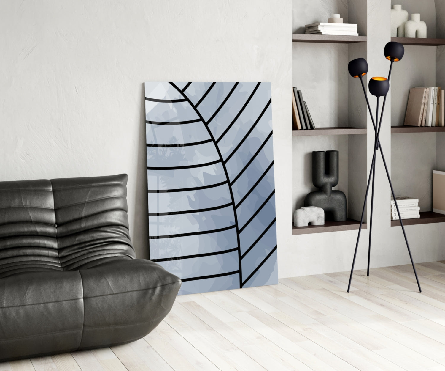 Gray Blue Minimalist Leaf Vein Lines Glass Wall Art
