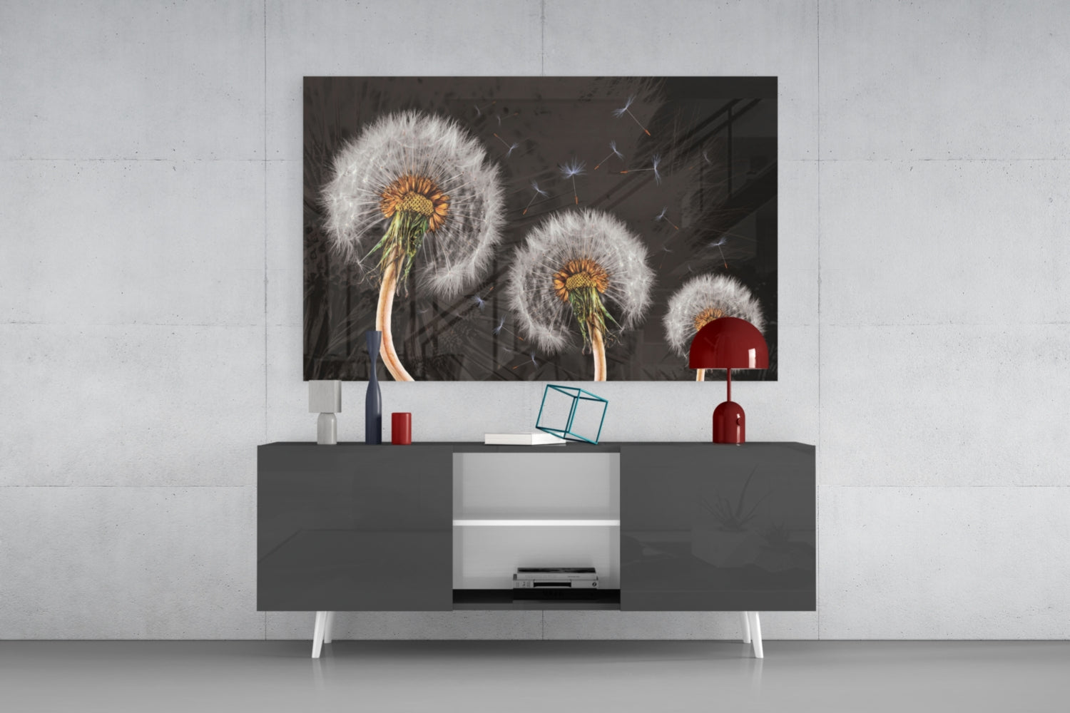 Three Dandelion Seed Heads on Charcoal Glass Wall Art