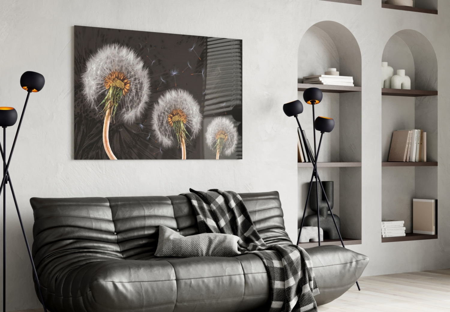 Three Dandelion Seed Heads on Charcoal Glass Wall Art