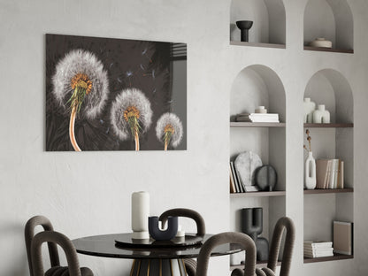 Three Dandelion Seed Heads on Charcoal Glass Wall Art