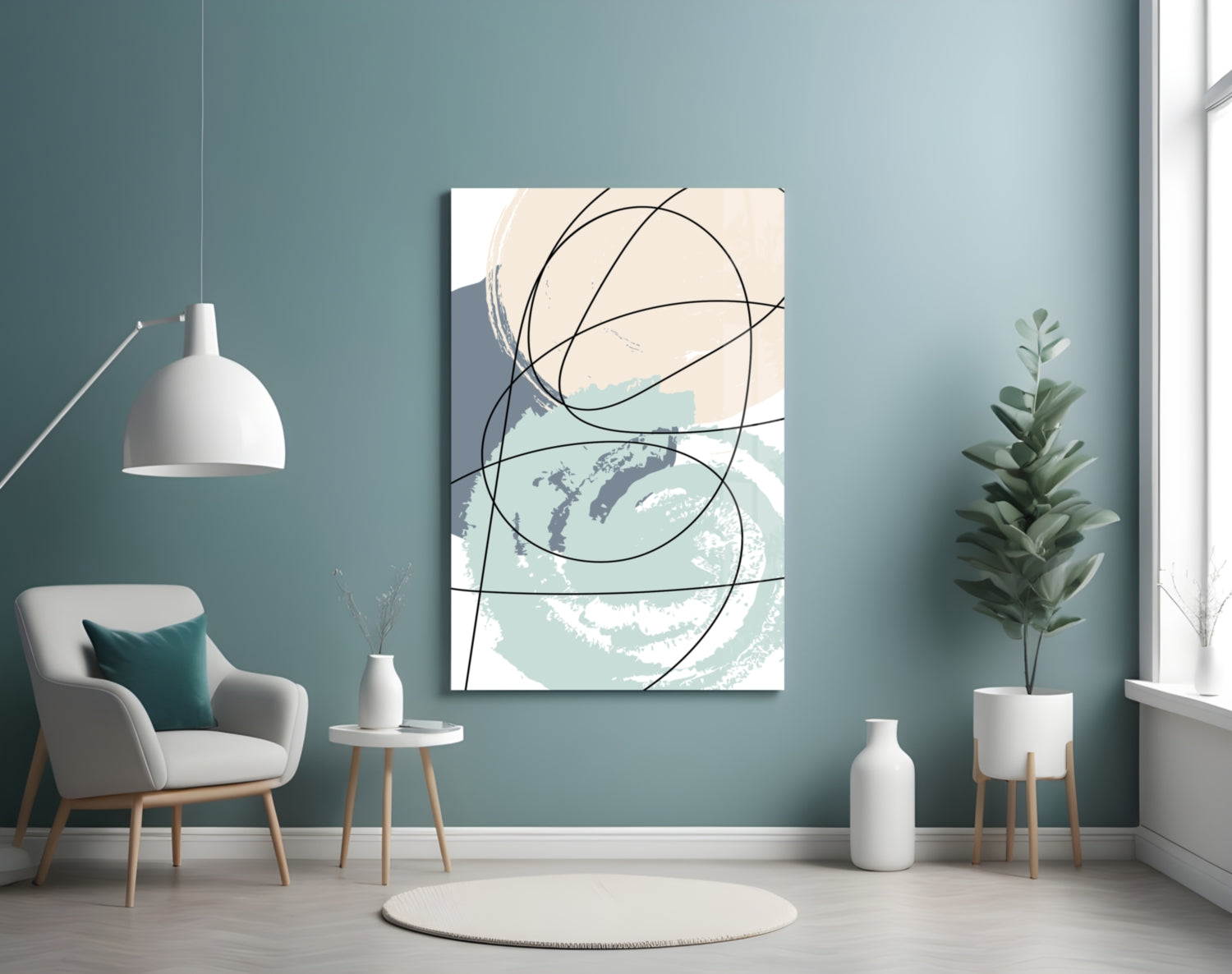 Teal and Beige Brush Circle Lines Glass Wall Art