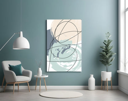 Teal and Beige Brush Circle Lines Glass Wall Art