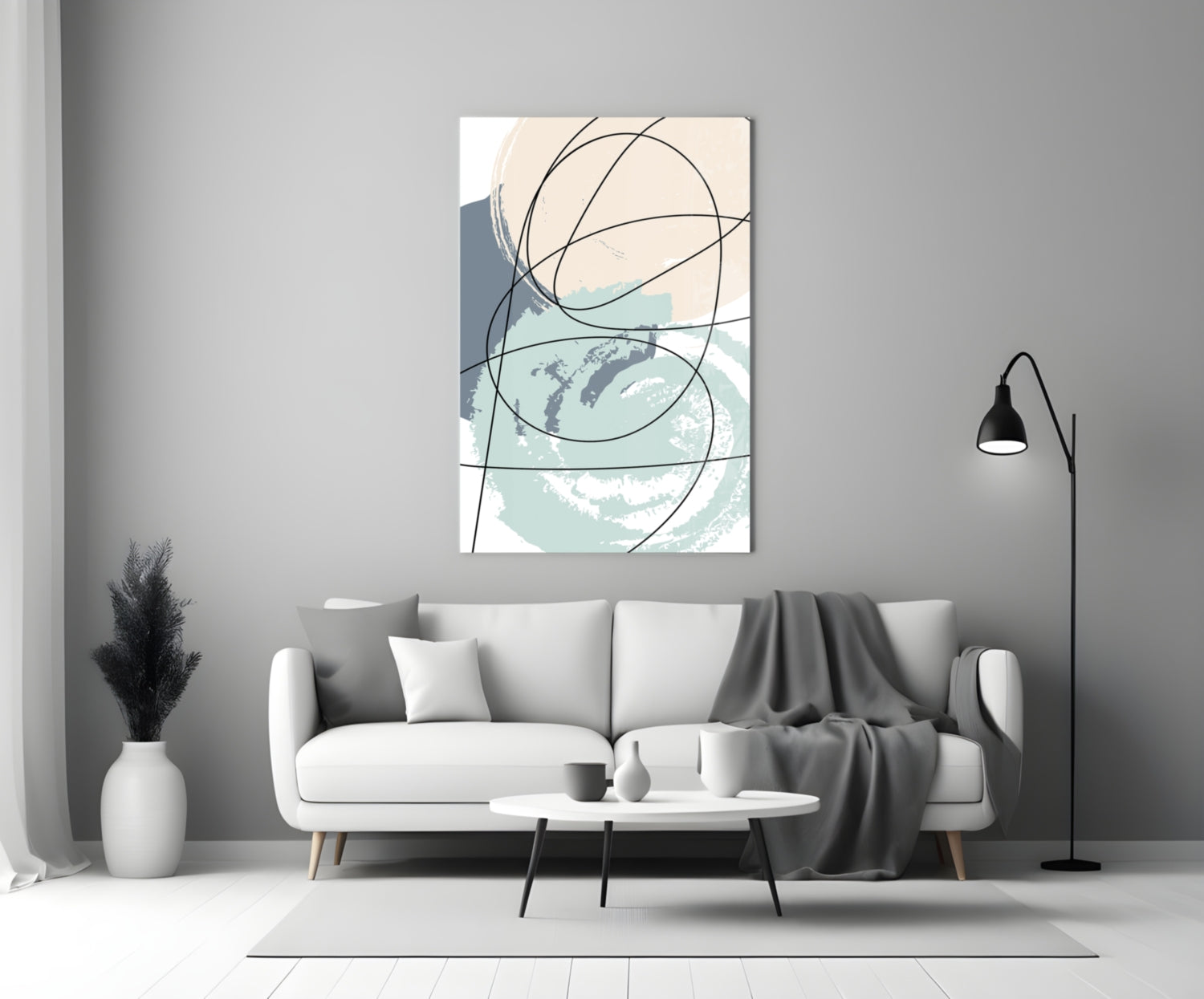 Teal and Beige Brush Circle Lines Glass Wall Art