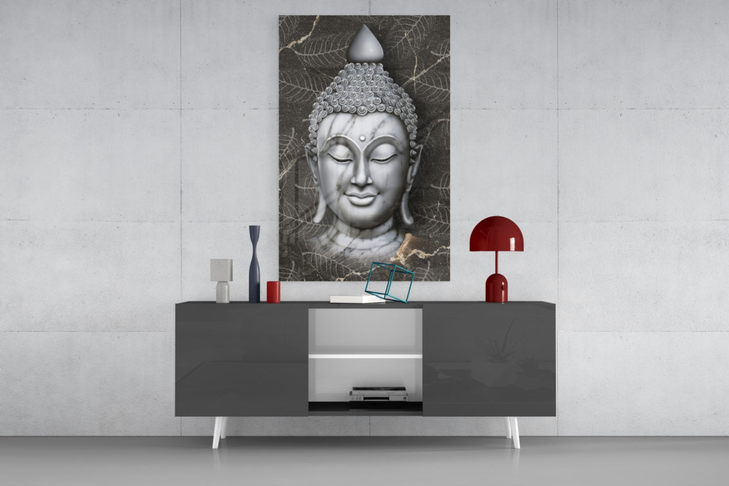 Silver Marble Buddha Head Glass Wall Art