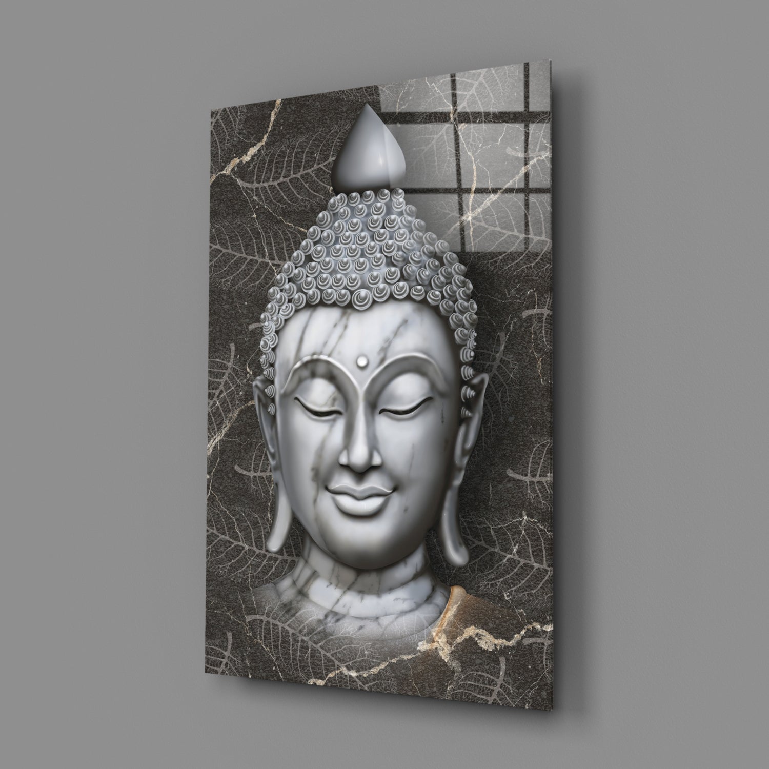 Silver Marble Buddha Head Glass Wall Art