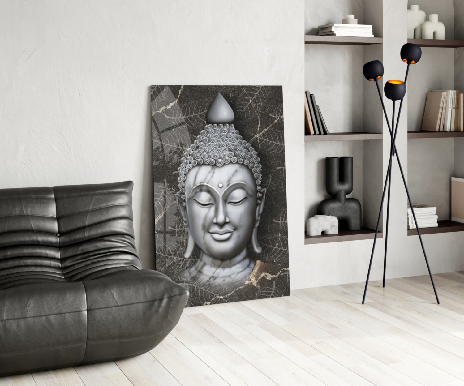 Silver Marble Buddha Head Glass Wall Art
