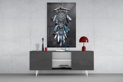 Triple Blue Feather Dreamcatcher Glass Wall Art