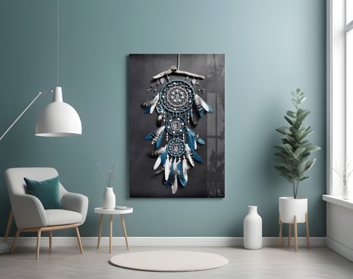 Triple Blue Feather Dreamcatcher Glass Wall Art