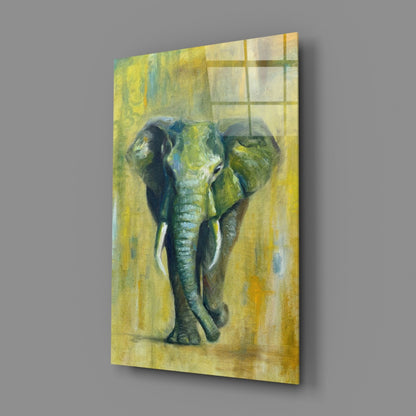 Green Oil Painting Walking Elephant Glass Wall Art