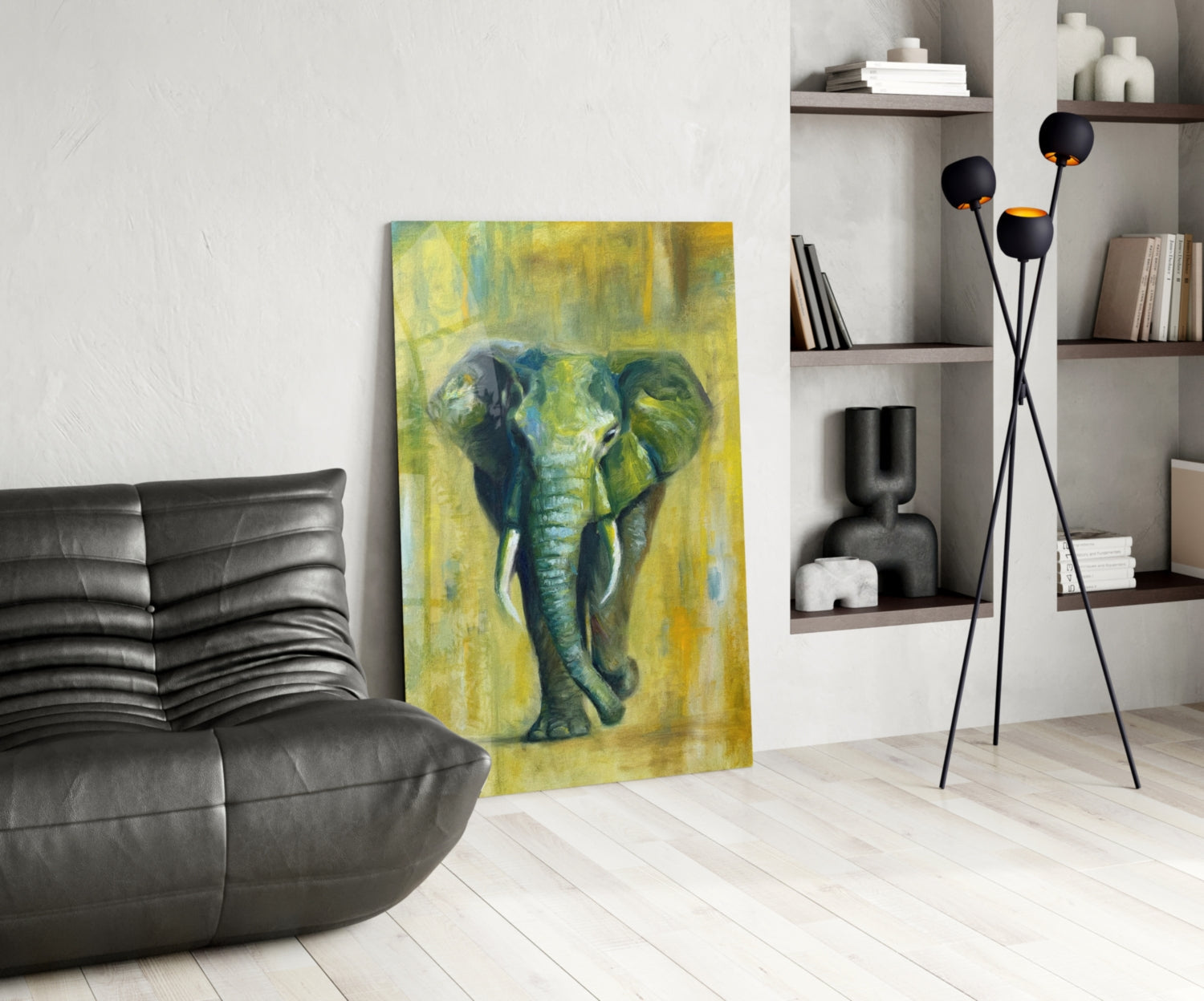Green Oil Painting Walking Elephant Glass Wall Art