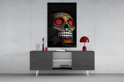Rainbow Beaded Floral Sugar Skull Glass Wall Art