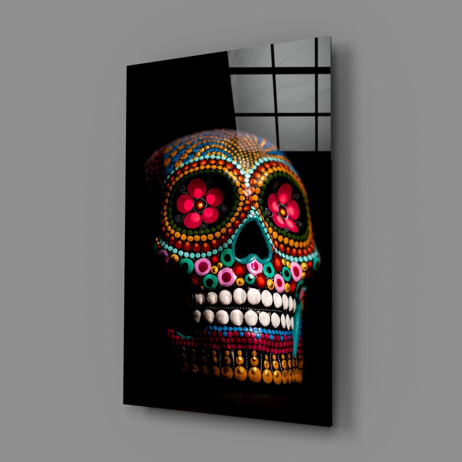 Rainbow Beaded Floral Sugar Skull Glass Wall Art