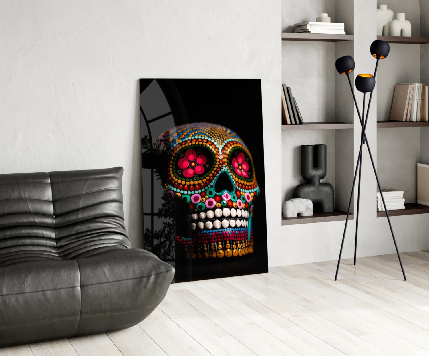 Rainbow Beaded Floral Sugar Skull Glass Wall Art
